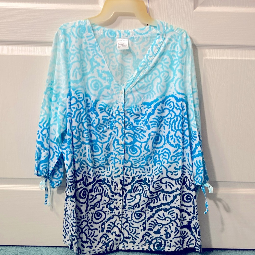 Just My Size 2XL white with blue ombré cotton, button-down boho shirt